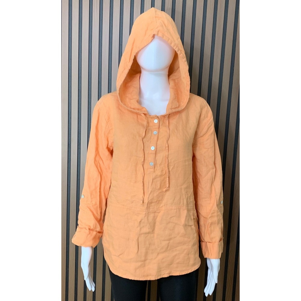 Tahari Women's Orange 100% Linen Hoodie Button Placket Pullover Top Size M